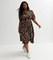 New Look Curves Brown Leopard Print Puff Sleeve Midi Shirt Dress